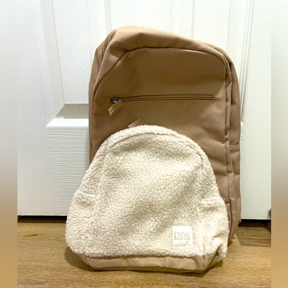 DSW tan and Sherpa mini backpack set